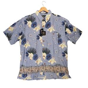 R&R Casuals Button Up Shirt Mens XL Blue Excellent Vintage Floral Hibiscus Rayon